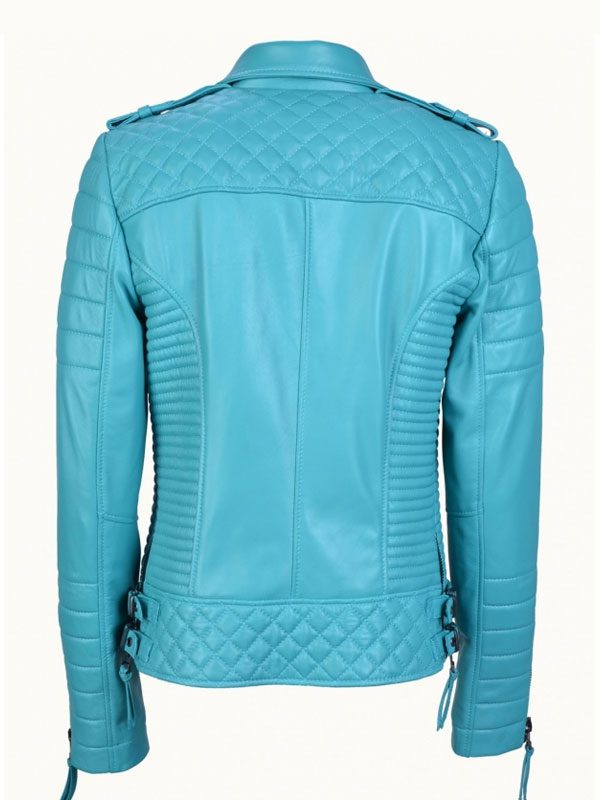 Blue Quilted And Padded Motorcycle Leather Jacket For Women's