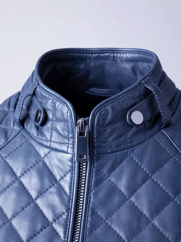 Blue Quilted Leather Fashion Jacket For Women's