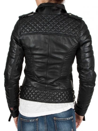 Boda Style Black Quilted Motorcycle Leather Jacket For Women's