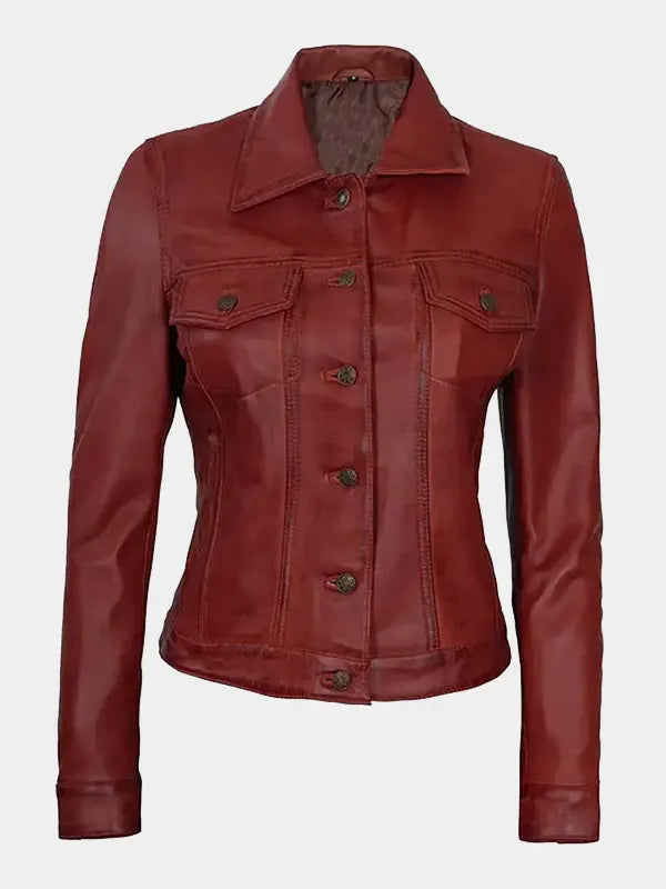 Bold & Stylish Women’s Red Leather Trucker Jacket