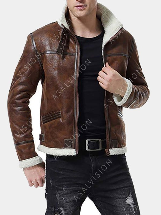 Bomber Waxed Brown Shearling Leather Jacket Mens