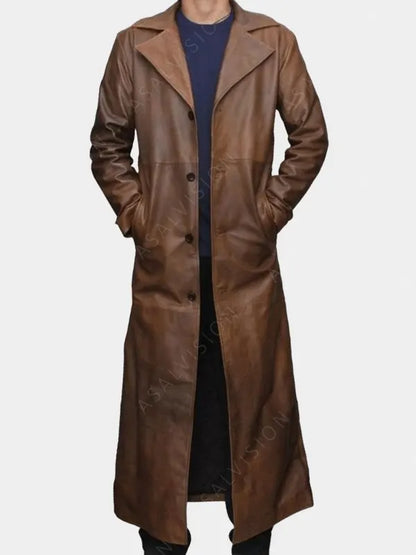 Bradley Distressed Brown Leather Trench Coat