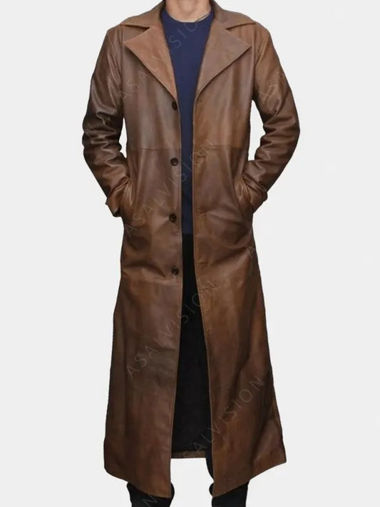 Bradley Distressed Brown Leather Trench Coat