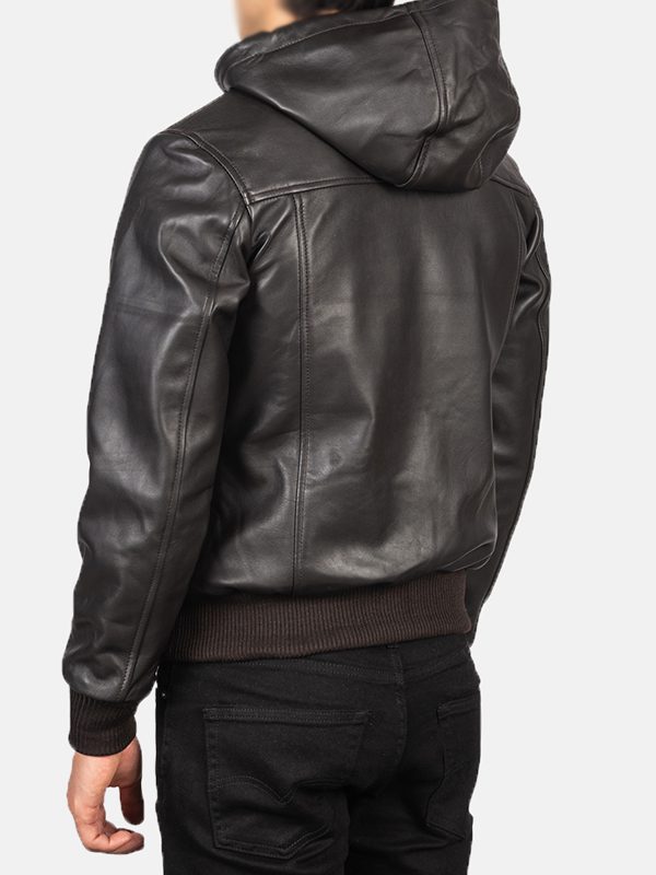 Men's Brown Bomber Leather Jacket With Hood