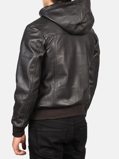 Men's Brown Bomber Leather Jacket With Hood