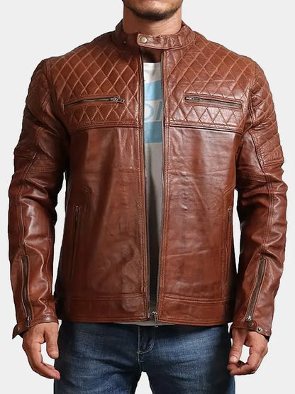 Brown Cafe Racer Motorcycle Quilted Leather Fashion Jacket For Mens