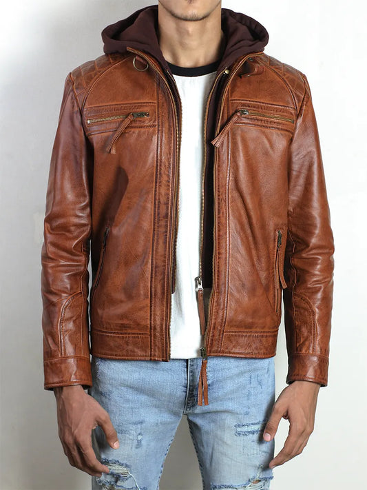 Brown Diamond Classic Leather Jacket With Hood