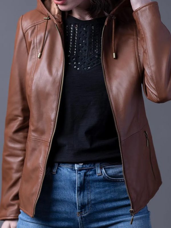 Brown Hooded Leather Jacket For Women's