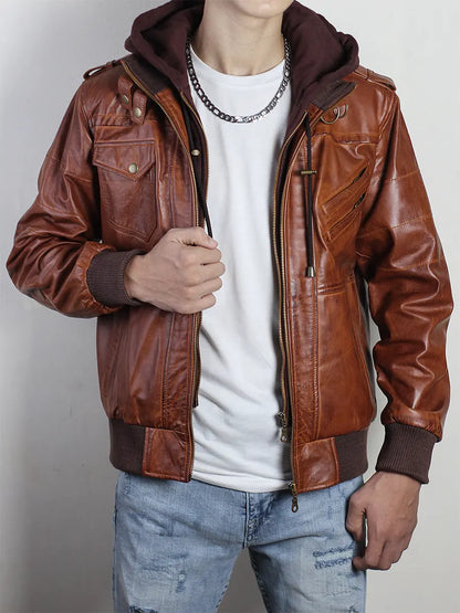 Brown Leather Detachable Hooded Bomber Jacket