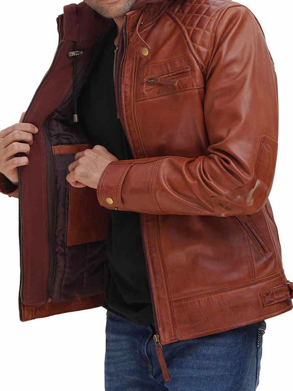 Brown Leather Jacket With Hood For Men's