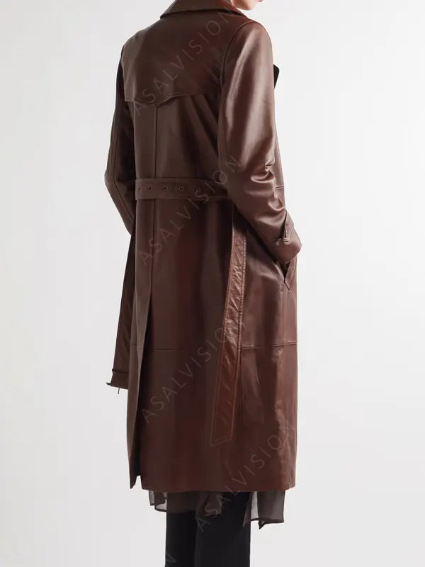 Brown Leather Trench Belted Coat For Men's