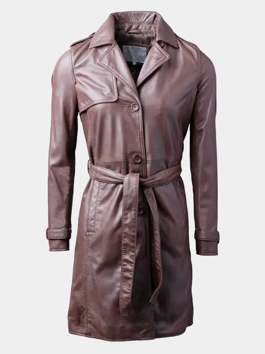 Brown Leather Trench Coat For Women's