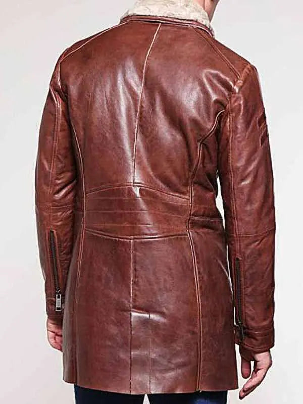 Brown Mid-Length Shearling Lined Winter Leather Coat