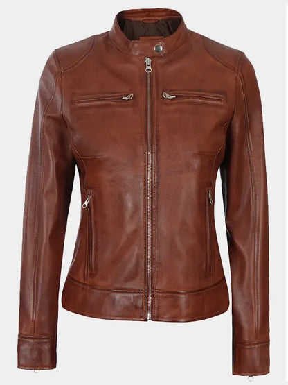 Brown Moto Cafe Racer Jacket For Women