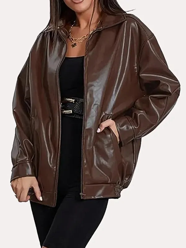 Brown Oversized Bomber Leather Jacket For Women
