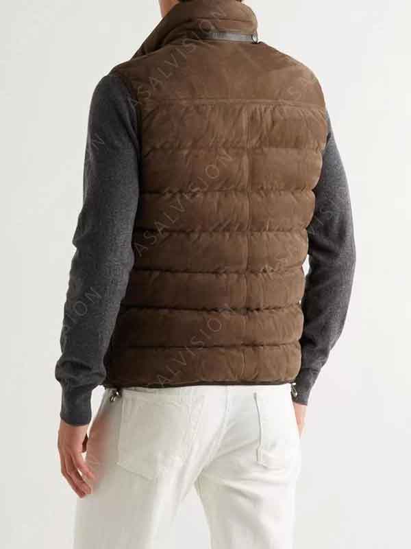 Brown Puffer Suede Leather Vest For Mens