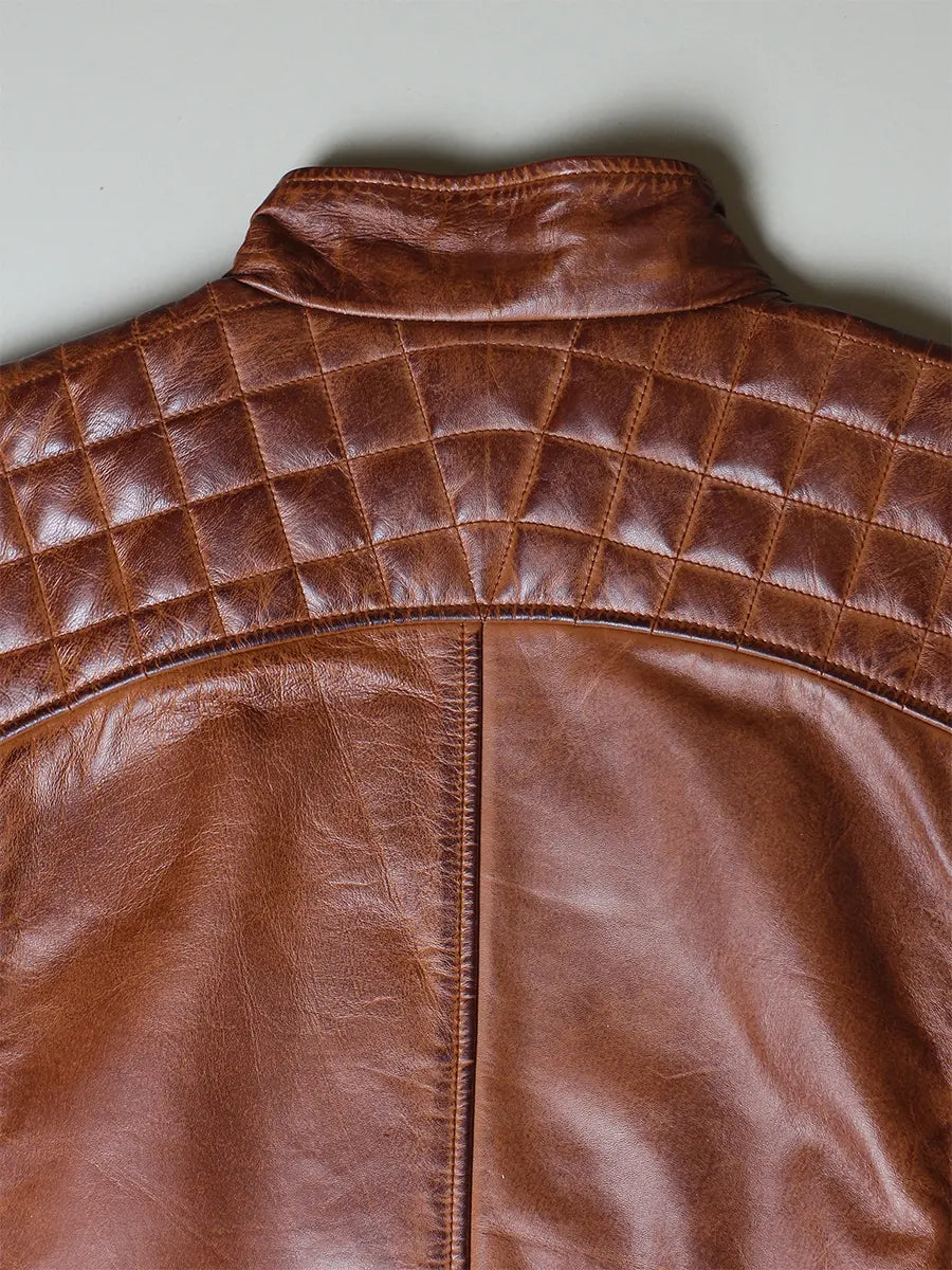Brown Quilted Cafe Racer Leather Jacket