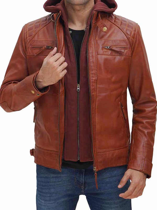 Brown Real Leather Jacket With Hood For Men's