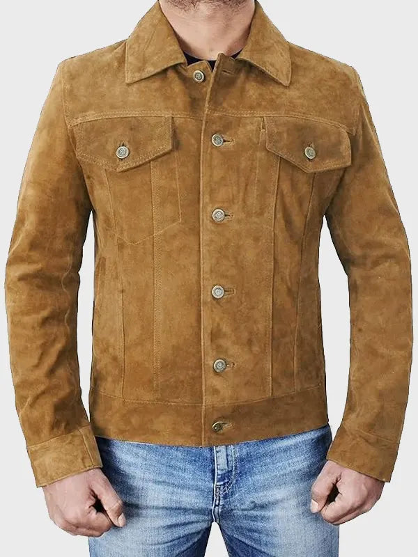 Brown Suede Leather Trucker Jacket For Men's