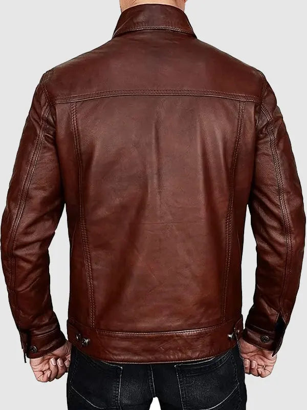 Mens Vintage Brown Lambskin Leather Trucker Jacket