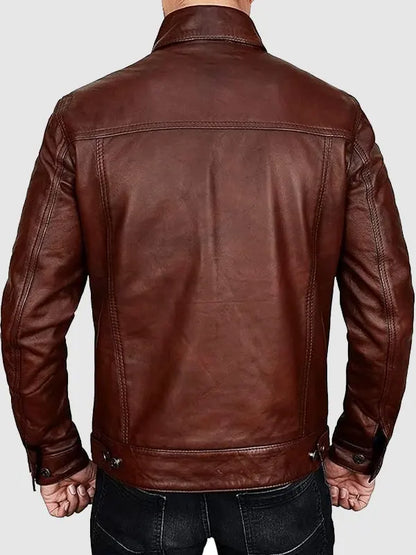Mens Vintage Brown Lambskin Leather Trucker Jacket