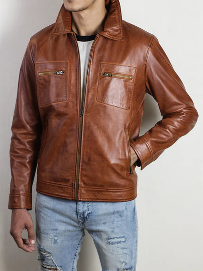 Brown Waxed Leather Jacket Men