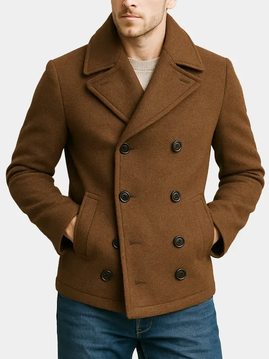 Brown Wool Peacoat For Men