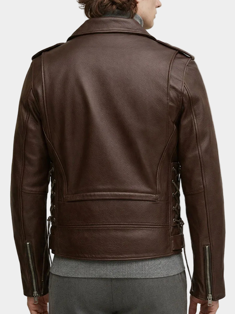 Brown Genuine Leather Belted Biker Jacket