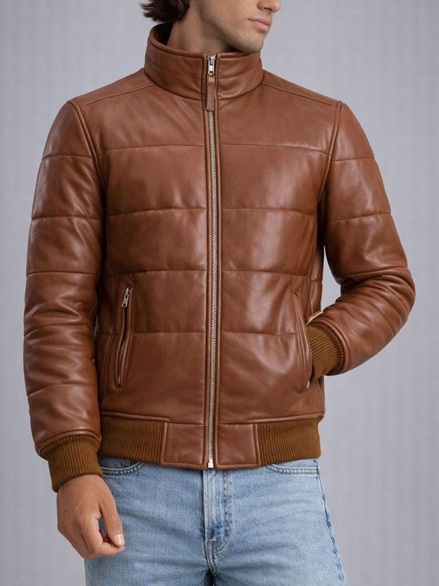 Knoxen Brown Puffer Bomber Leather Jacket