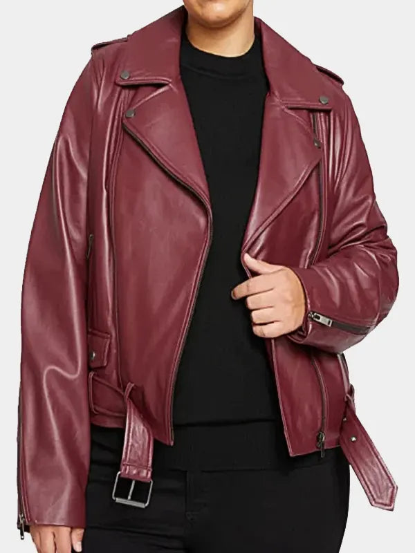Burgundy Oversized Real Leather Biker Jacket For Women