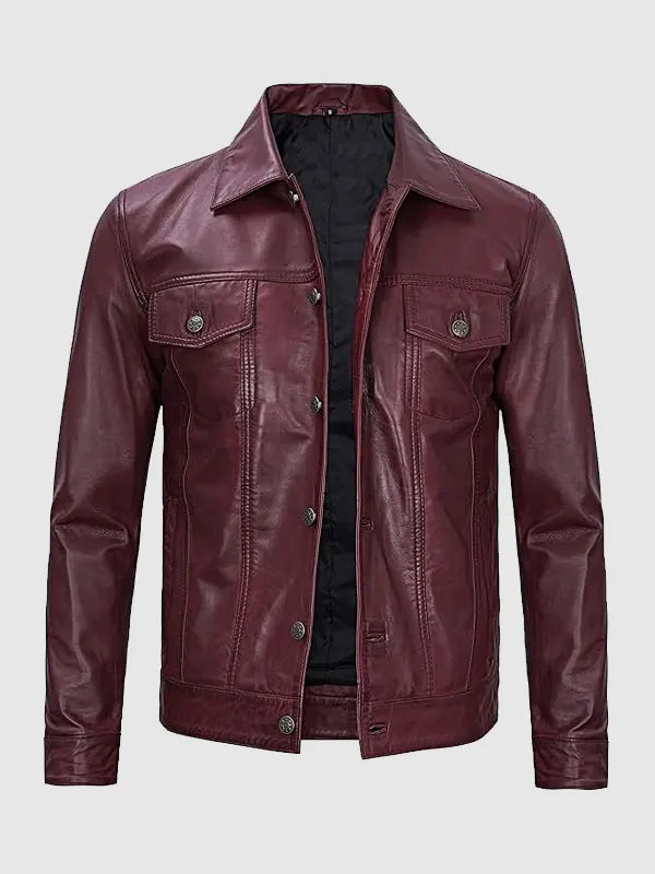 Men's Vintage Burgundy Trucker Lambskin Leather Jacket