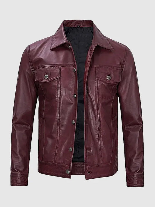Men's Vintage Burgundy Trucker Lambskin Leather Jacket
