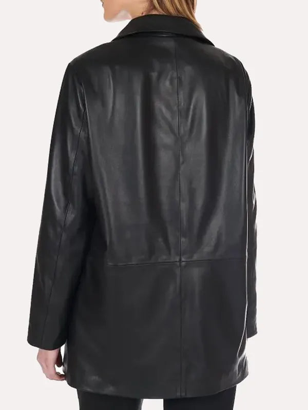 Buttoned Black Leather Jacket For Women