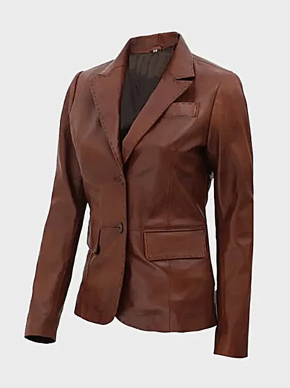 Buttoned Brown Leather Blazer For Women
