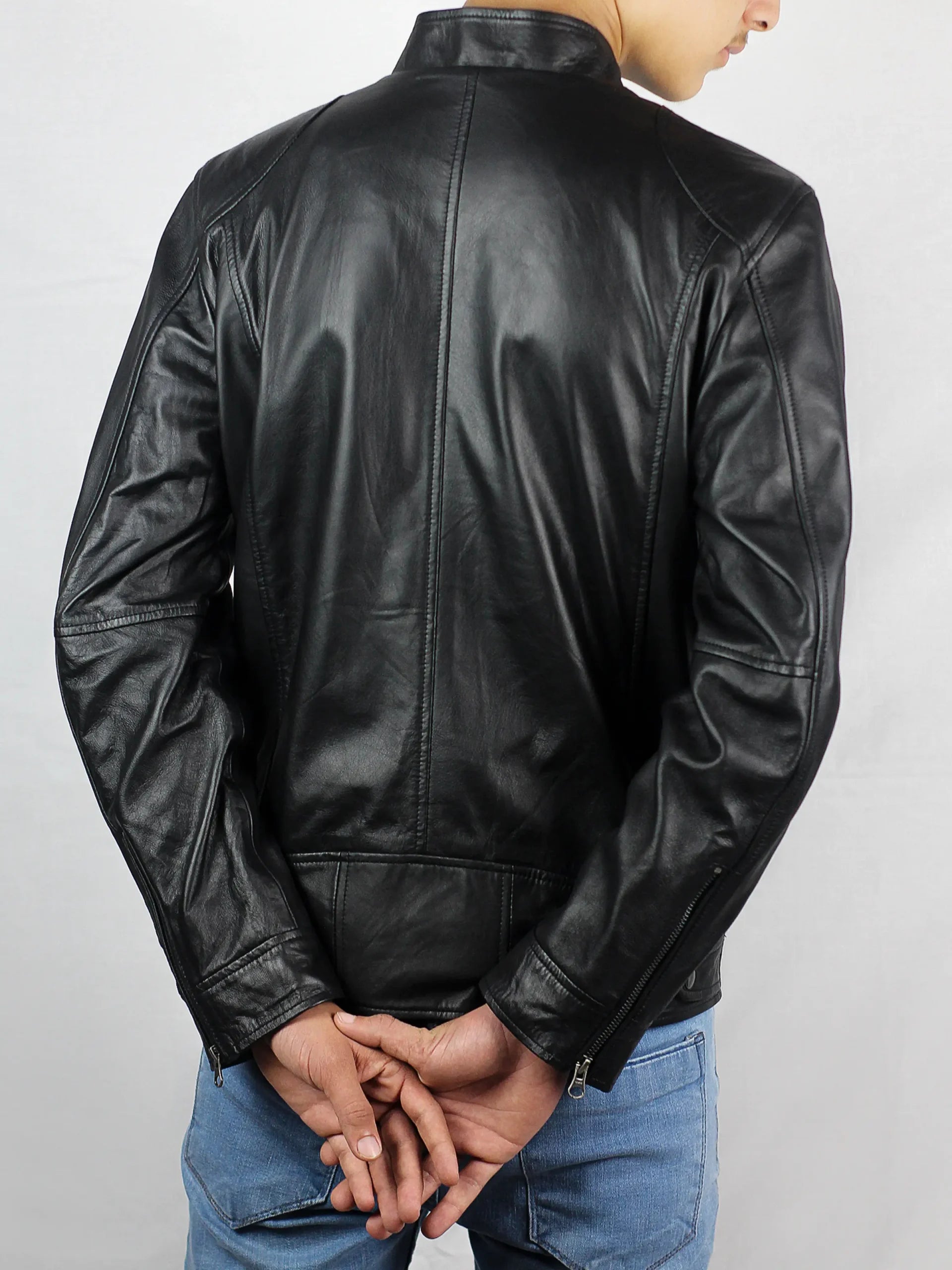 Cafe Racer Black Biker Lambskin Leather Jacket For Men