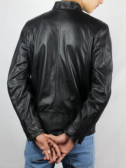 Cafe Racer Black Biker Lambskin Leather Jacket For Men