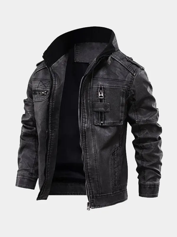 Cafe Racer Men's Distressed Black Stand Up Collar Leather Jacket