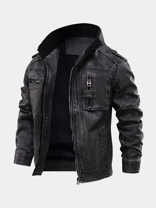 Cafe Racer Men's Distressed Black Stand Up Collar Leather Jacket