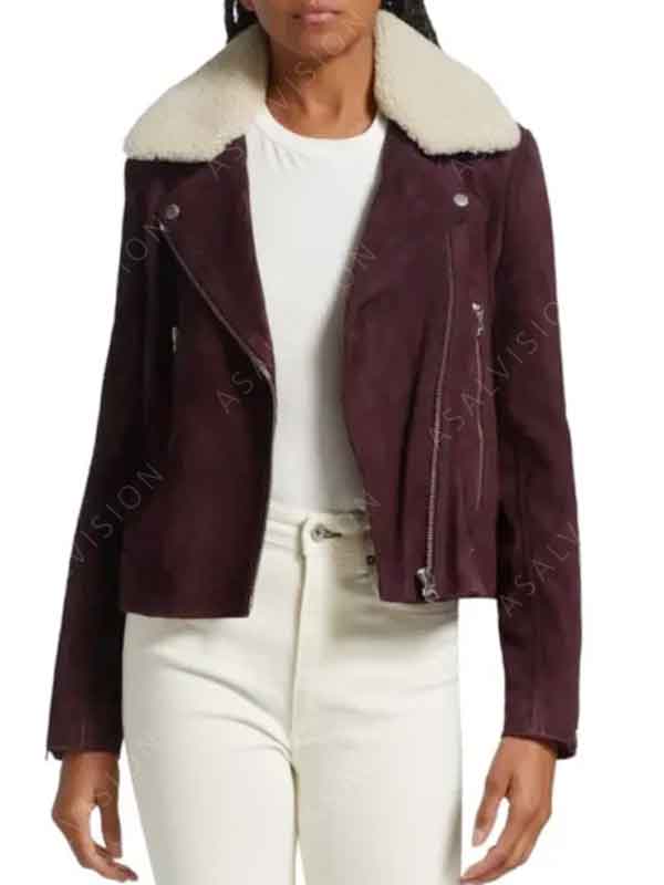 Carla Gugino The Girls On The Bus Grace Gordon Greene Shearling Collar Leather Jacket