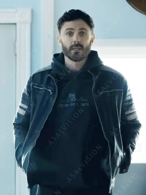 Casey Affleck Movie The Instigators 2024 Cobby Black And White Leather Jacket