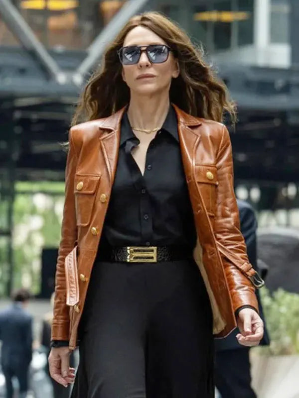 Cate Blanchett Black Bag 2025 Kathryn Brown Leather Jacket