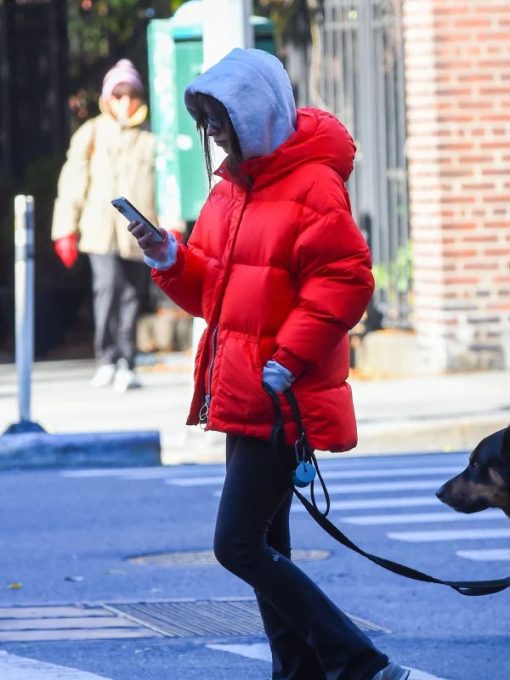 Celebrity Emily Ratajkowski Red Puffer Hooded Jacket