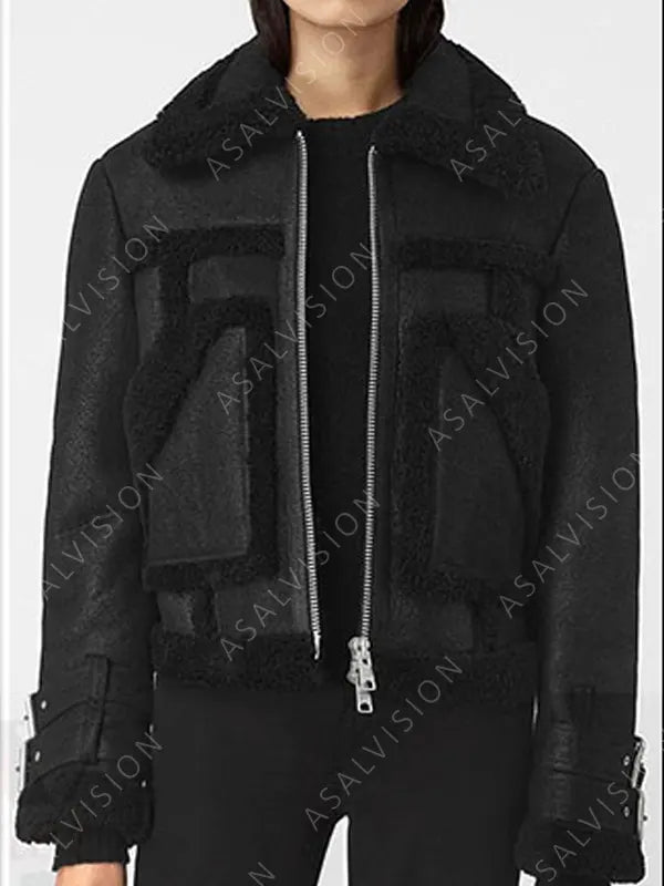 Celebrity Gigi Hadid Black Leather Shearling Jacket