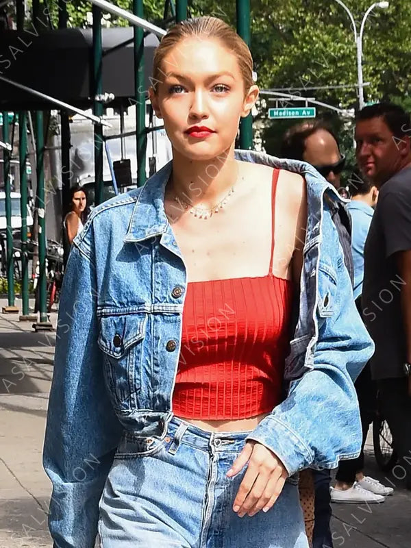 Celebrity Gigi Hadid Blue Denim Cropped Jacket