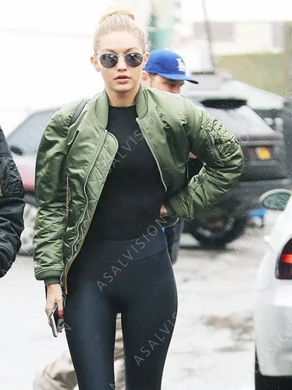 Celebrity Gigi Hadid Bomber Satin Jacket