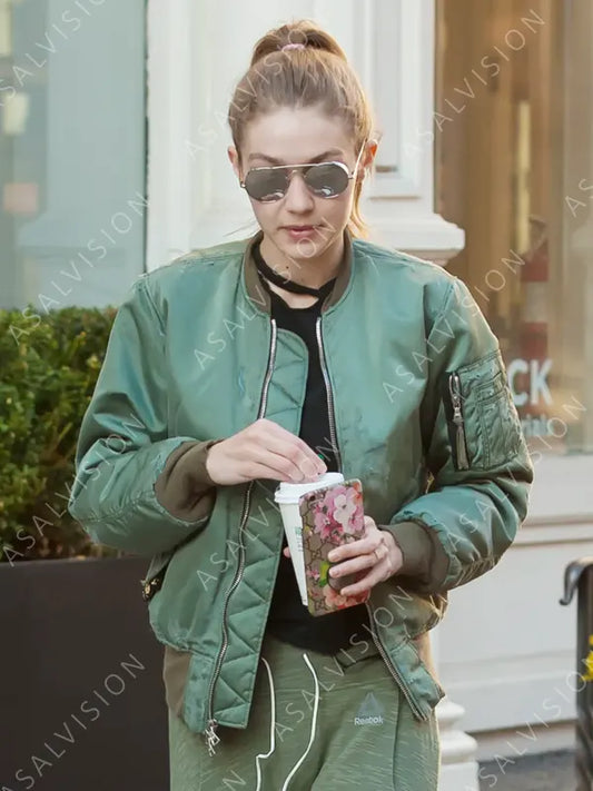 Celebrity Gigi Hadid Green Satin Jacket
