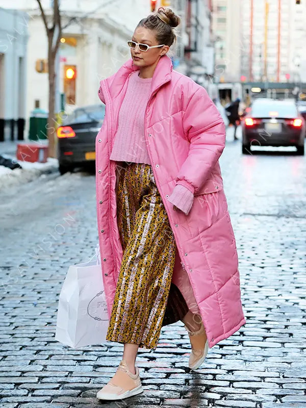 Celebrity Gigi Hadid Pink Long Puffer Parachute Coat