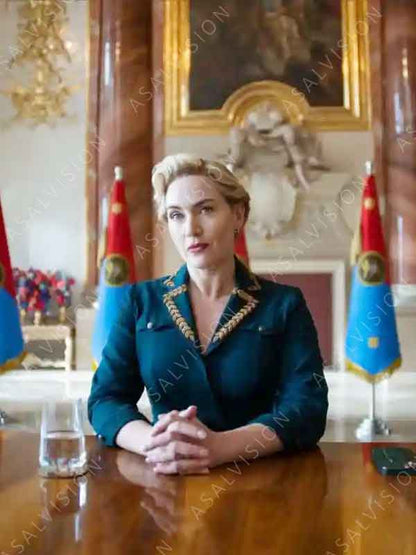Chancellor Elena Vernham TV Series The Regime 2024 Kate Winslet Blue Cotton Coat