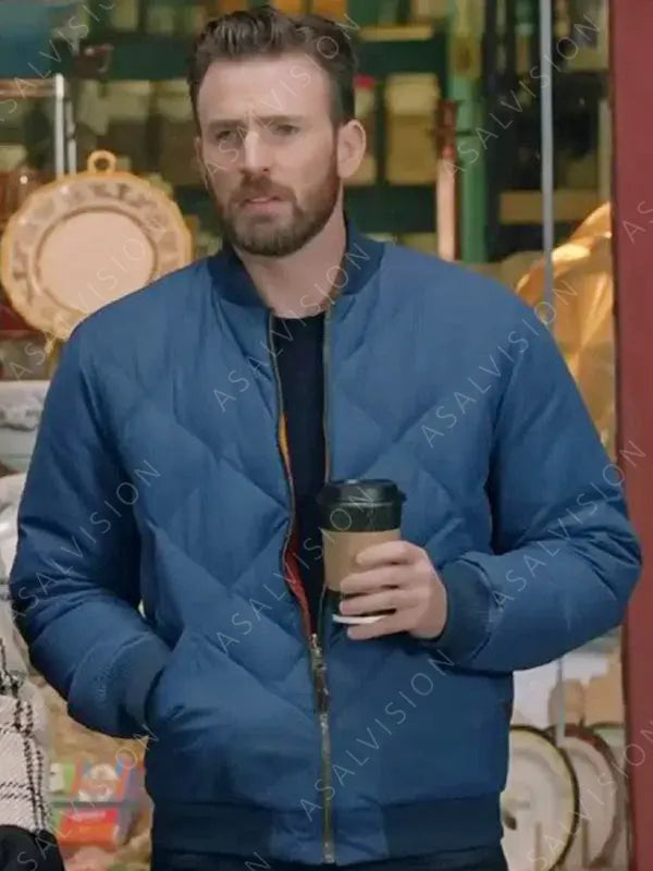 Chris Evans Super Bowl Halftime Show Quilted Bomber Blue Jacket
