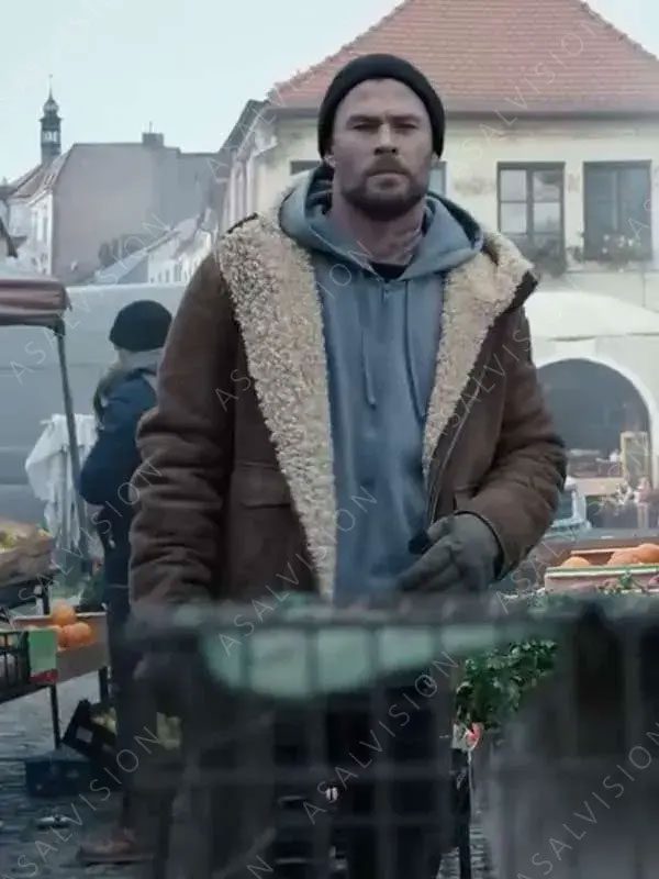 Chris Hemsworth Extraction 2 Tyler Rake Brown Shearling Leather Jacket With Hood